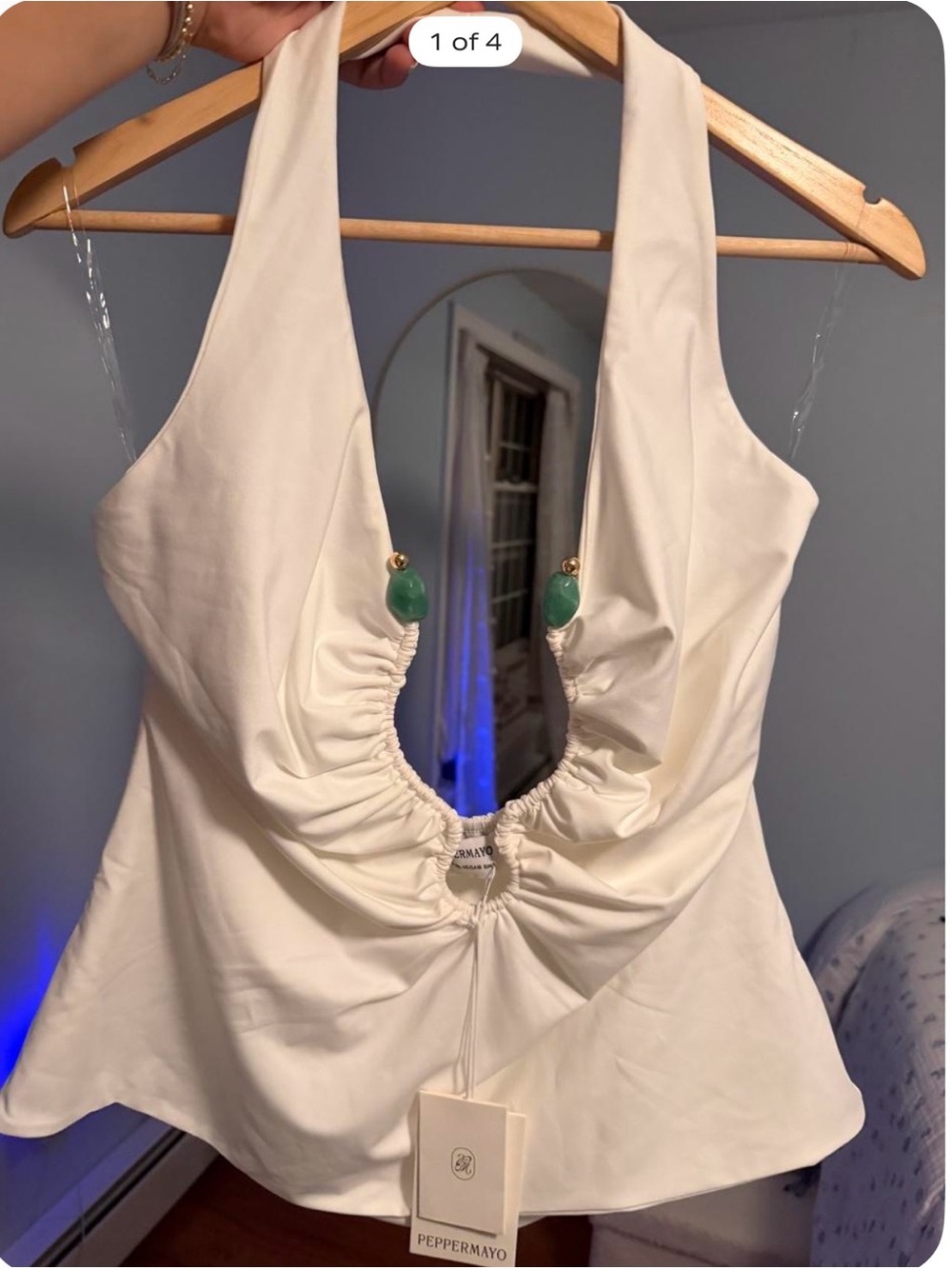 Peppermayo White Halter Tank Top with Teal Accent